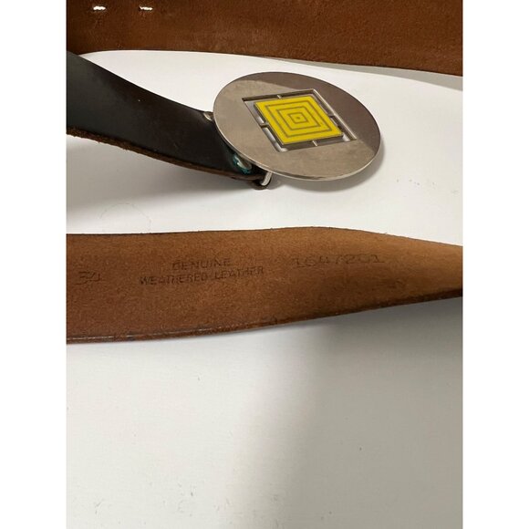 Vintage Canterburys Black Leather Belt With Silver & Yellow Modern Buckle Square - Picture 3 of 4